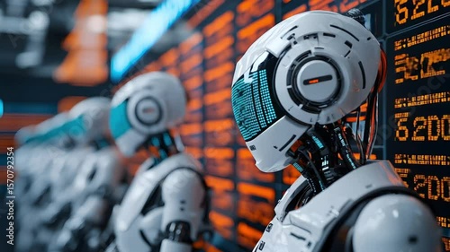 Futuristic Robots with Digital Displays in a High-Tech Environment of Artificial Intelligence