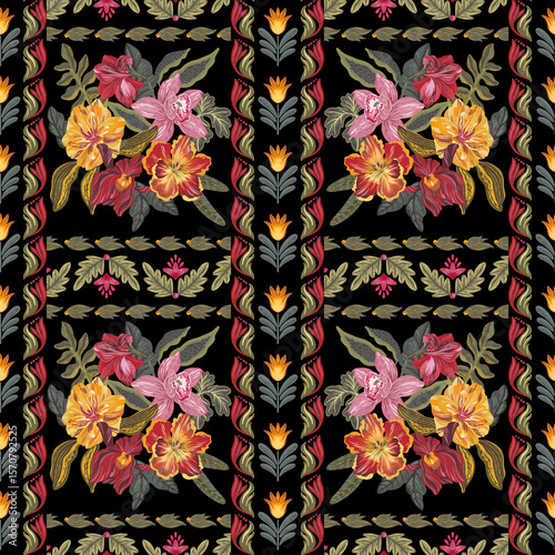 Watercolor drawing. Seamless floral pattern with bright colorful flowers and leaves. Elegant template for fashion prints. Modern floral background. Fashionable folk style