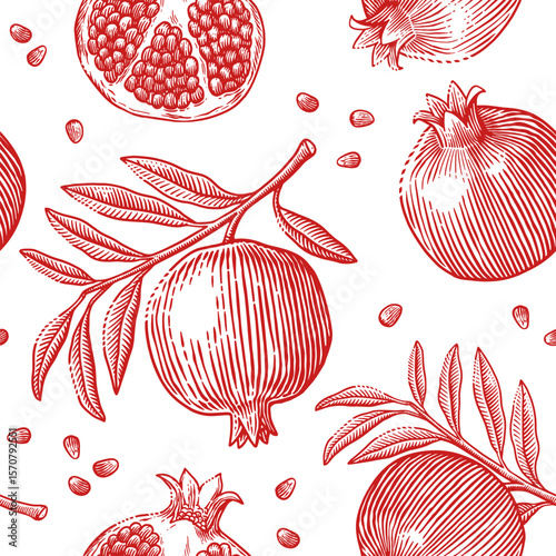 Seamless vintage-style illustration of whole and cut pomegranates with leaves and seeds.  Engraving style. Perfect for culinary, botanical, and vintage-themed designs.