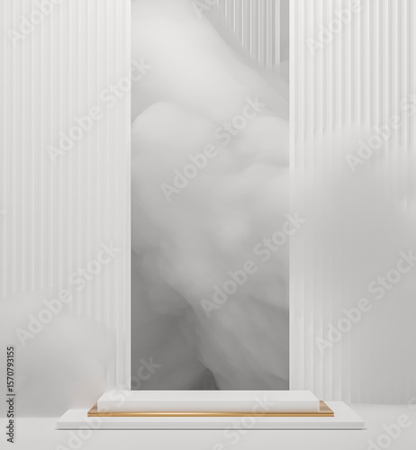 Pedestal and Delicate fluffy clouds, white soapy foam. 3d render illustration. Podium for brand promotion product. White gray background for cosmetic presentation. Stand base mockup