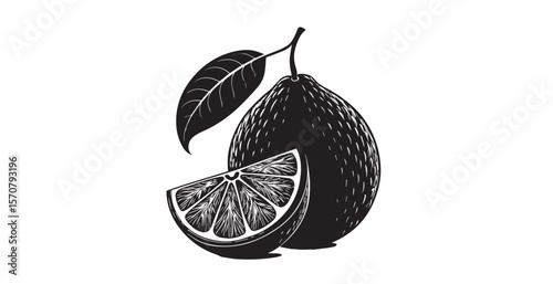 Stylized black and white silhouette of a whole orange and slice with leaf