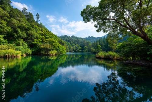 A calm lake mirrors the blue sky, bordered by lush green trees and hills. Sunlight filters through foliage, creating a peaceful atmosphere perfect for relaxation and contemplation