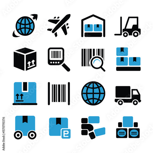Sixteen Minimalist Blue and Black Logistics Icons Set Global Shipping Delivery Transportation Warehouse Packages Barcodes Boxes Airplane Truck Forklift Handheld Scanner