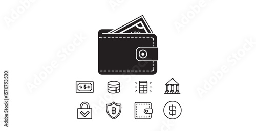 Collection of financial icons including wallet money coins bank and security silhouette