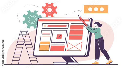 A young woman of uncertain ethnicity is designing a website interface, surrounded by gears and tools, symbolizing creativity and technology.