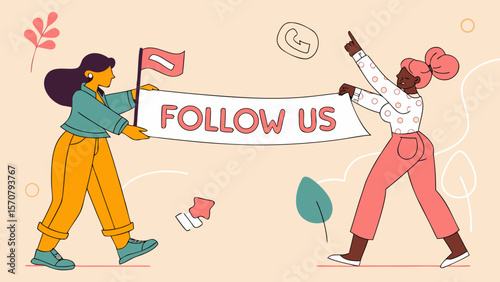 Two women, one Black and one White, enthusiastically promoting their social media with a 'Follow Us' banner.