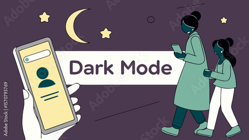 Two women, one in a long coat and another in a casual outfit, interact with mobile devices showcased in dark mode.