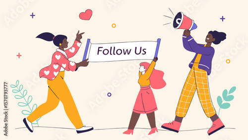 A diverse group of three women enthusiastically holding a 'Follow Us' banner, showcasing vibrant colors and a joyful atmosphere.