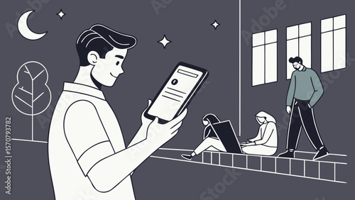 A young male, smiling while using a smartphone outdoors at night, with two individuals working on a laptop nearby.
