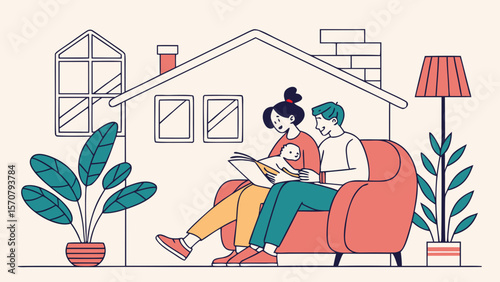 A young couple of Asian descent reads a storybook to their baby at home, surrounded by plants and cozy decor.