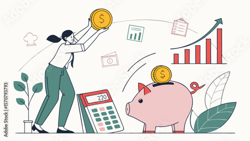 A woman of Asian descent joyfully deposits coins into a piggy bank, symbolizing savings and financial growth.
