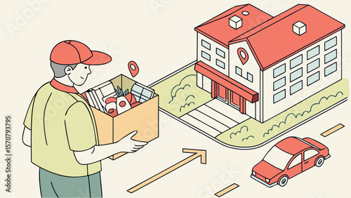 A male delivery driver carries a box of groceries towards an apartment building, showcasing efficient service and convenience.