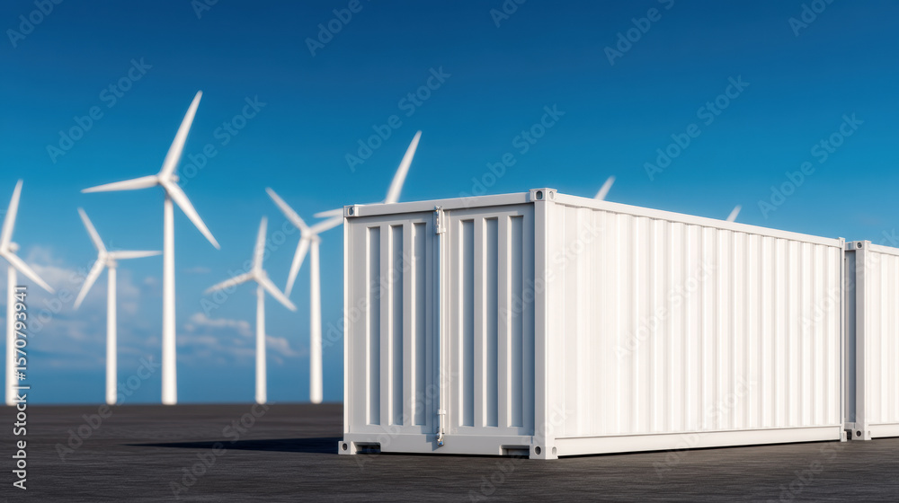 Fototapeta premium White shipping containers on a dark surface with multiple wind turbines in the background under a clear blue sky.