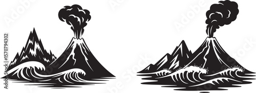 Erupting Volcano Silhouette with Ocean Waves and Mountains vector