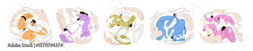 People in motion, set. Energetic young characters in active dynamic poses, action, movement. Energy, freedom, vitality and enthusiasm concept. Flat vector illustration isolated on white background