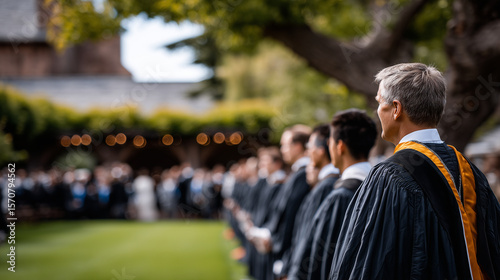 Wallpaper Mural Graduates from diverse backgrounds stand in line, robes fluttering in soft breeze, sunlight filters through trees onto campus lawn during heartfelt commencement ceremony Torontodigital.ca