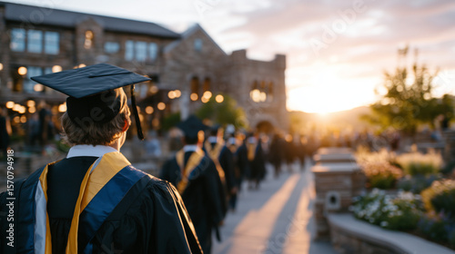 Row of graduates captured from behind at sunset, long shadows cast across university courtyard, symbolic of closing one chapter and beginning the next