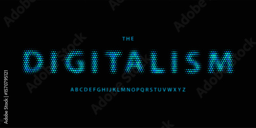 Halftone dot alphabet, glowing pixel sans serif lettering, futuristic digital font for sci-fi tech logo, cyber AI headline, abstract pointed typography, data-driven typographic design. Vector typeset