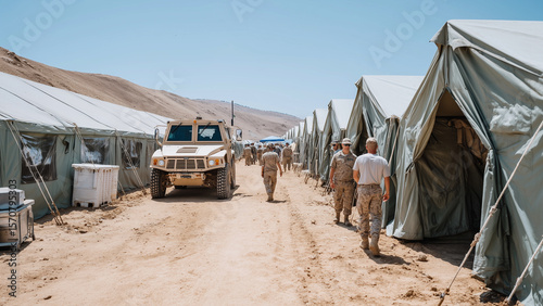 Wide-angle view of a military base camp in desert terrain featuring rows of green canvas tents, an armored vehicle, soldiers walking amid tents under harsh sunlight with minimal vegetation and rugged,