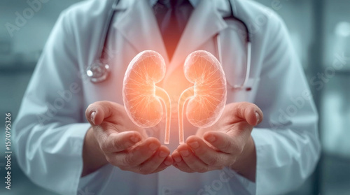 Doctor supports kidneys healthy, doctor, wearing a white lab coat and a stethoscope, gently cradles a glowing, translucent 3D rendering of a pair of human kidneys. The organs radiate a warm light