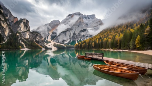 Serene Autumnal Lake in the Dolomites with Wooden Boats and Misty Mountains
