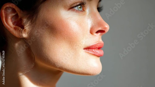 Close up of woman face with smooth skin and natural lips in soft natural light showing sensory expression and clear skin closeup