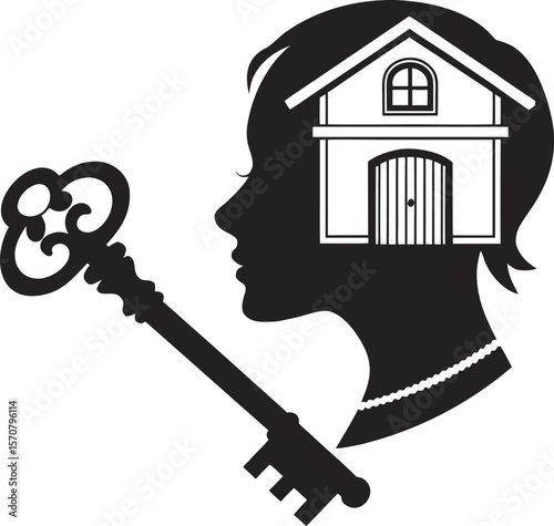 Vector art of a womans silhouette with a house inside her head holds a key