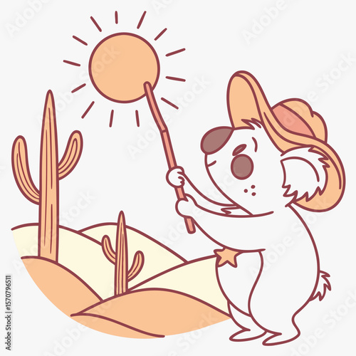 Bashful Koala bear with with a magic wand, set in a charming Desert sunset theme – Sundown Glow color vector art
