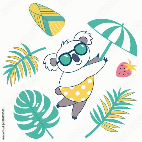 Delightful Shy Koala bear in a Tropical scene with wearing glasses – Tropical Vibes vector illustration