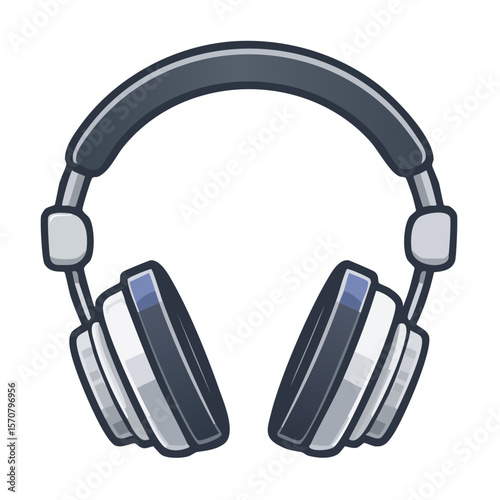 Grey headphones illustration on black. Listening music, audio device, entertainment. Music lovers, podcast, gaming concept, cartoon illustration.