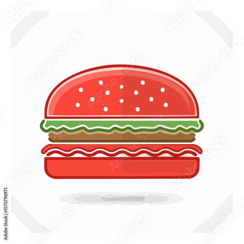 Stylized burger illustration featuring red buns, meat, lettuce and white background