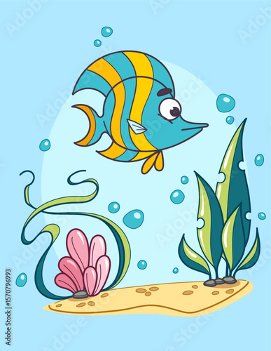 Colorful Cartoon Angelfish With Sea Plants