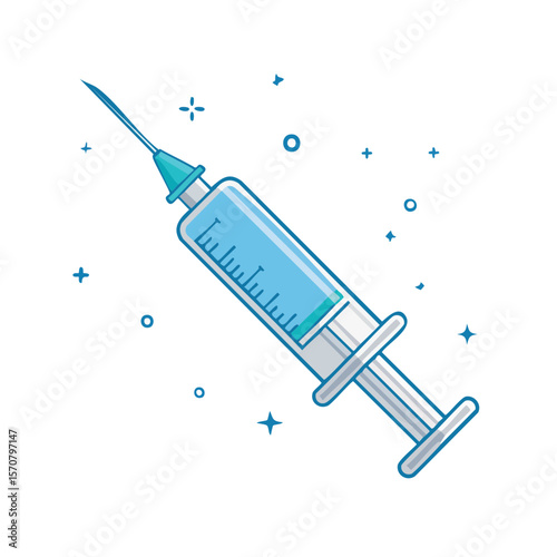 Medical syringe with blue liquid and stars in black background healthcare injection vaccine treatment prevention immunization