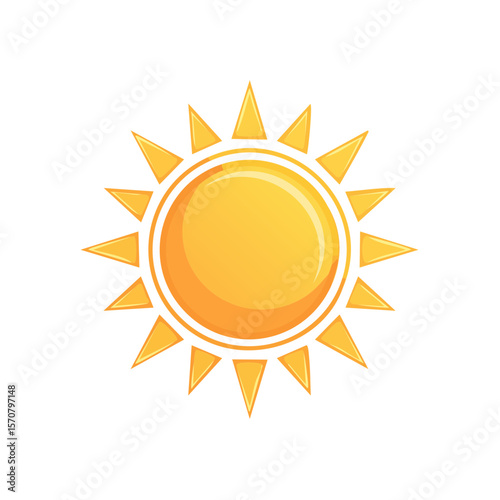Cartoon sun icon with rays. Bright yellow sun illustration against black background. Summer heat and weather forecast symbol.