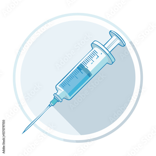 Syringe with medicine on light blue circle illustration Health care vaccination medical treatment injecting shot blue liquid