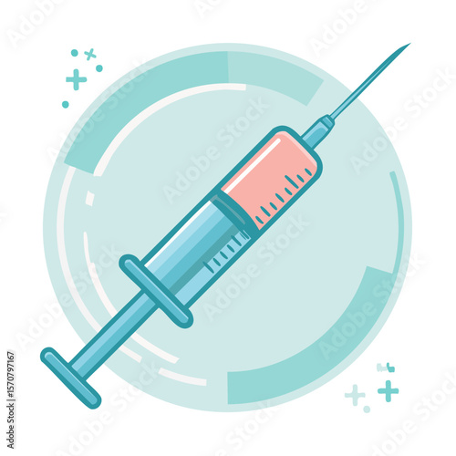 Stylized medical syringe filled with liquid health vaccine shot inoculation therapy. Illustration for healthcare research or virus prevention.