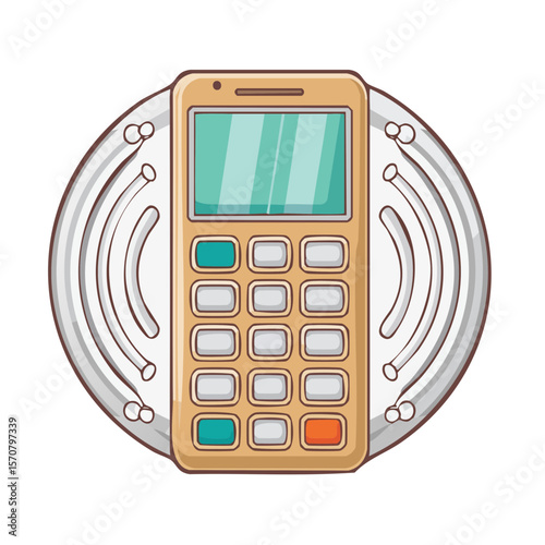 Cartoon Numeric Cellphone with Antenna Radiating Communication Waves over Black Background
