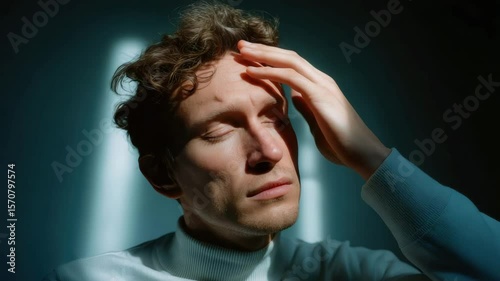 Wallpaper Mural Man holding head and hand near eyes with closed eyes showing sensory discomfort touching face and forehead pain expression soft Torontodigital.ca