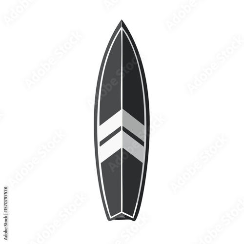 Gray surfboard with arrows design on black background, water sports equipment. Flat vector illustration of surfing board