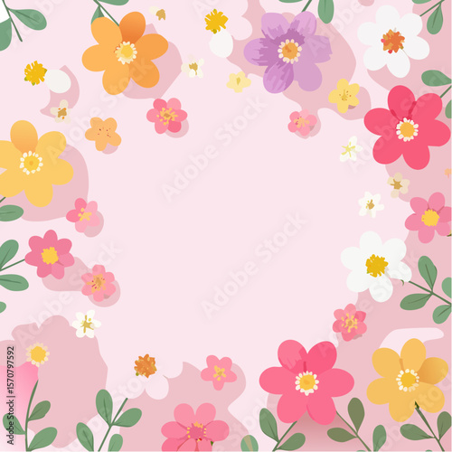 Floral Frame with Colorful Flowers and Leaves for Spring or Summer