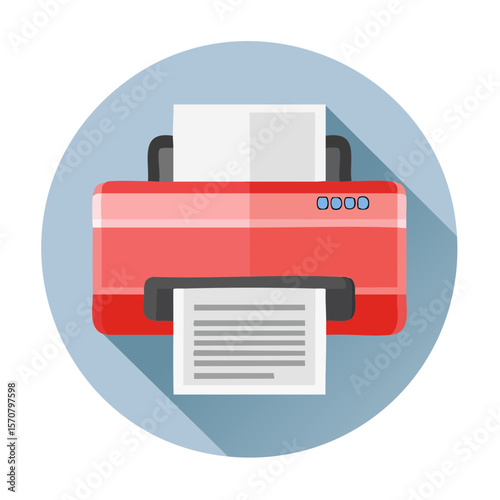 Red Printer with Documents Icon on Blue Circle - Printing, Scanning, Copying
