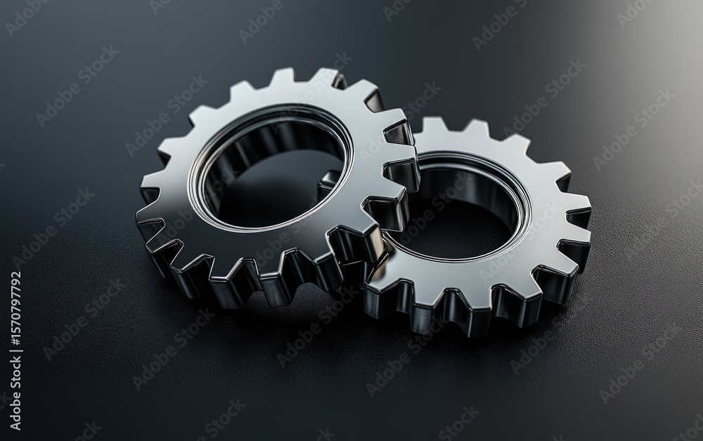 Interlocked metal gears on a dark, reflective surface Interlocked metal gears on a dark, reflective surface