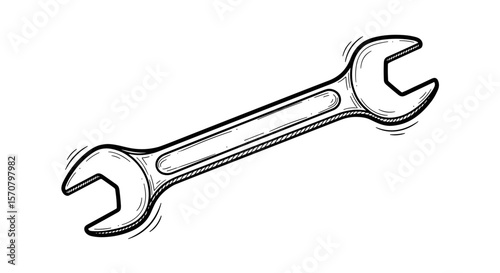 Wrench Tool Black Vintage Sketch on White Background

