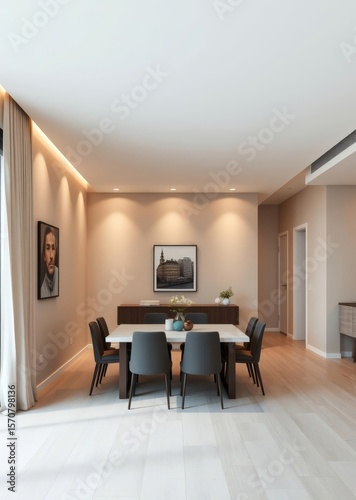Stock photo features a modern apartment with a dining room furnished with a table and chairs as well as an empty living room with a beige wall creating a panoramic view of interior design Empty roo