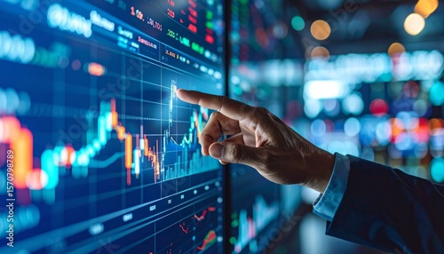 Stock market trading chart and analyzing investment opportunity. Broker touching stock exchange price graphs.