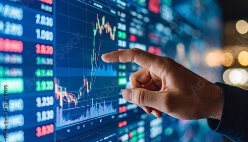 Stock market trading chart and analyzing investment opportunity. Broker touching stock exchange price graphs.