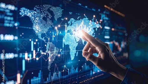 Stock market trading chart and analyzing investment opportunity. Broker touching stock exchange price graphs.