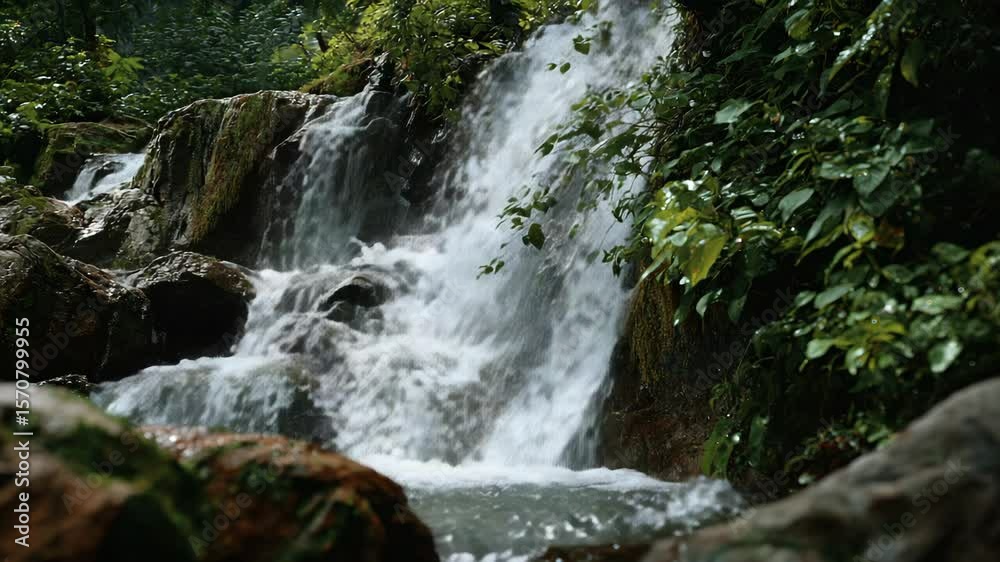 Waterfall cascades among lush greenery in a serene forest setting Waterfall cascades among lush greenery in a serene forest setting