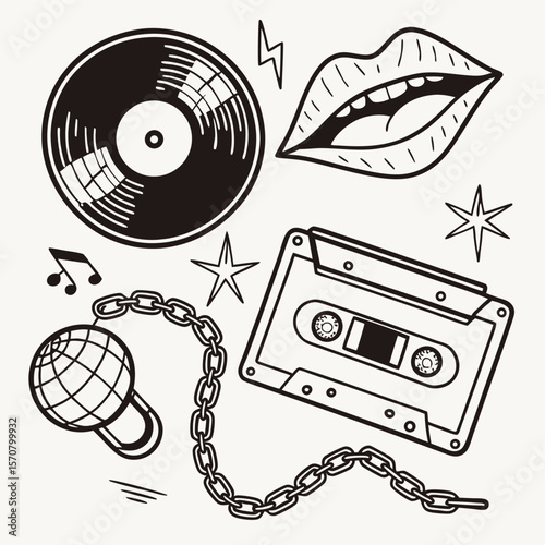 A collection of retro music-themed illustrations in a bold, black and white line art style.  The image features a vinyl record with visible grooves, a cassette tape, a disco ball attached to a chain,
