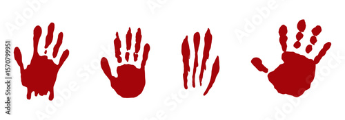 Hand print, fingerprint with red paint, blood. Halloween scary splatter, stain with drops. Human hand creepy trace. Red splatter, stream